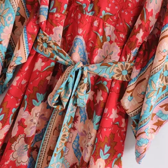 Bohemian Red Floral Gypsy Kimono Long Maxi Dress - Picture 12 of 16